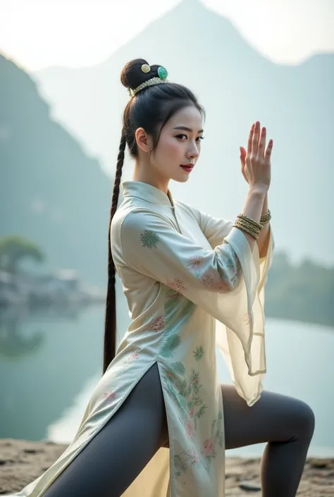   Portrait, internet-famous, goddess, Tai Chi, mountains and waters, dawn, early morning mist, gently, traditional Chinese silk qipao, colors, gracefully, figure, shiny grey pantyhose, sunlight, long black hair, bun, jade hairpin, serenity, fine eyebrows, ...