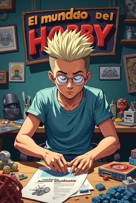  An image with an anime-style male character with circular lenses and a mohawk haircut assembling a gundam model kit, with pieces of LEGO , an album of prints and an oni mask on the table and board games on a shelf in the background and a visible sign with...