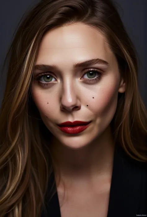 Elizabeth Olsen nude, red lips nose piercing long hairs 