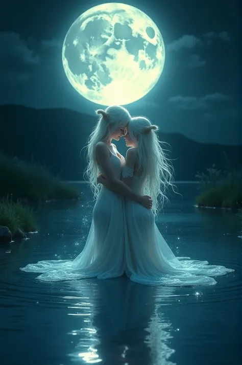 Water nymphs, hugs, dark, night, moon hd