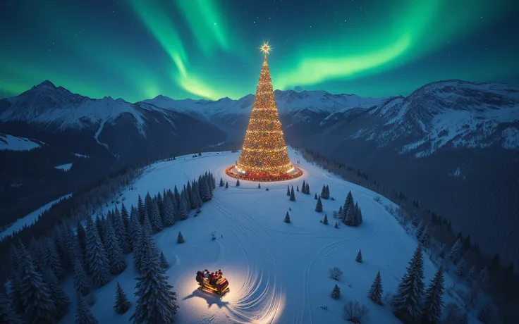  The image shows a Christmas scene in a snowy and mountainous landscape . in the center,  there is a large illuminated Christmas tree ,  decorated with bright lights and a star at the top . The tree is surrounded by snow ,  and the night sky is illuminated...