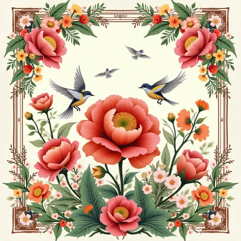 Full square fringe round corner patterned flower and bird