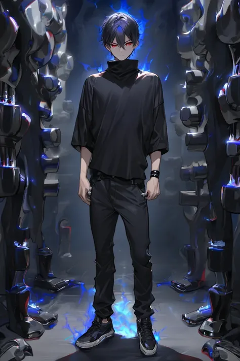 Male Teenager ,solo, black shirt with high collar, black undershirt, black jean pants, black sneakers, black and dark blue navy hair, red eyes, standing, serious look, masterpiece, best quality, black wrist bands, silvers rings fingers, black and dark blue...