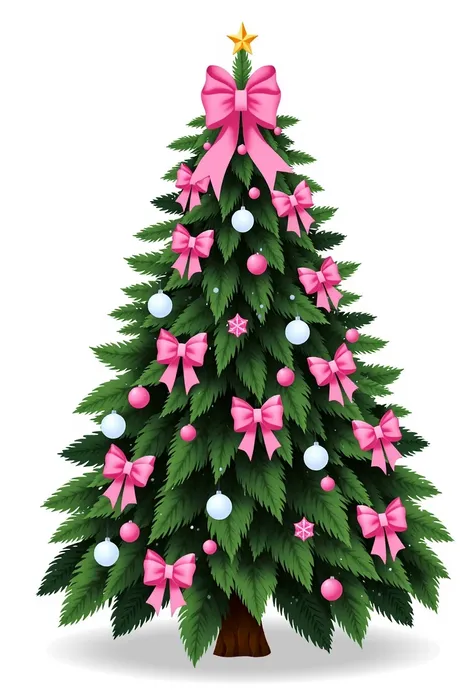 A beautifully illustrated Christmas tree stands prominently at the center of the composition, showcasing an evergreen that is lush and full. The tree is adorned with delicate pink bows that are evenly spaced, creating a harmonious balance across its branch...