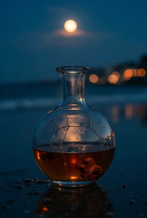 in the center,  a glass vase partially filled with alcohol ,  with visible cracks that symbolize pain and broken memories . Reflected on the glass ,  an opaque and distant moon ,  representing forgotten promises and dull emotions .  in the background , The...