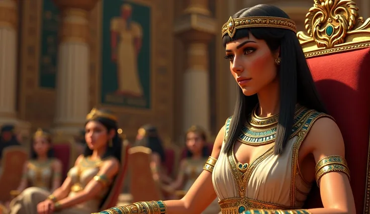 Create an image of Cleopatra co-ruling with her younger brother, Ptolemy XIII, in a grand Egyptian palace. Cleopatra sits confidently on a lavish throne, wearing a golden crown and ornate jewelry, exuding authority. Her younger brother, Ptolemy XIII, sits ...