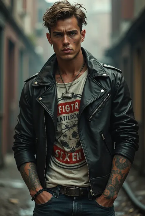 Rebellious man,  white skin , 26 years old, high,  with wide shoulders ,  an athletic build ,  light brown hair , slightly wavy, Hes always in an uproar ,  blue-gray eyes have a challenging look, worn leather jacket,  t-shirts with vintage designs ,  rippe...