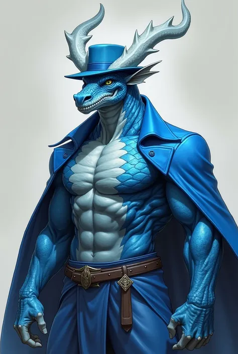 Blue strong dragonborn, white horns, blue scales, wearing a light blue fedora and blue coat