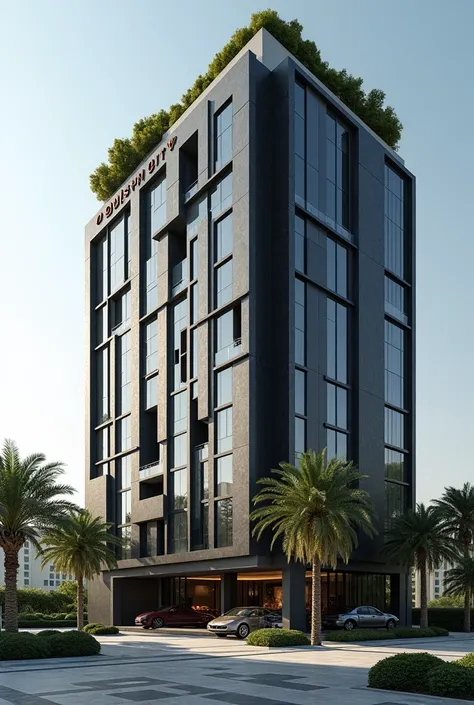 Generate a futuristic big hotel building DUBAI style Slight Variations of Black and White Andesite Stone on the Wall with the logo RUSDHY CITY, midday, rooftop garden