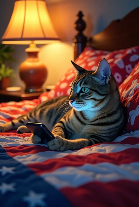 A cozy moment of a cat (real cat required as a model) , resting comfortably on a brightly colored American flag patterned quilt. With a cool expression playing with his cell phone and a warm lamp (warm colors) casting a warm glow on the scene this painting...