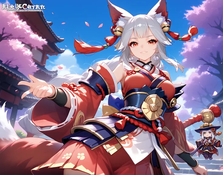 there is a woman in a red dress , concept art inspired by Pu Hua, pixiv contest winner, dada,  kitsune inspired armor Tamamo, in monster hunter armor, <mmorpgs scene, onmyoji, sfw version, jrpg character, game cg, rin,Miko white red,Yokai,cat tail,cats paw...