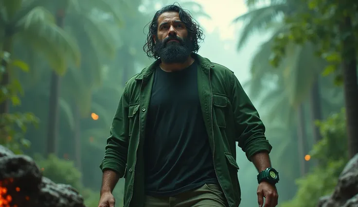 A person with green💚 jacket  inner black tshirt wearing a 25 years man dark beard seeing his right hand wearing green mechanical big watch in forest behind fire stone arriving from sky complete diasater