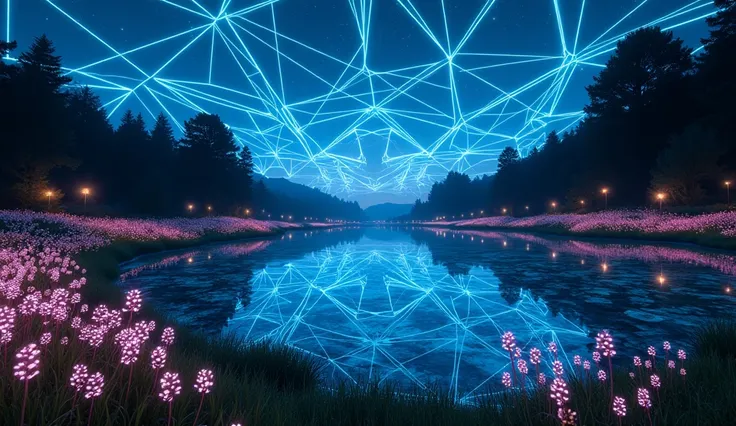 "A glowing lake surrounded by bioluminescent wildflowers, where the 3D lights in the sky form intricate geometric patterns, creating an otherworldly, alien atmosphere. The scene is both surreal and serene, captured in ultra-realistic 8K quality."

