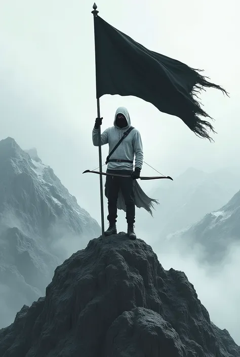 A male wearing a white Hoodie sweater and mask is carrying a bow and arrow again stands on a mountain carrying a black flag 