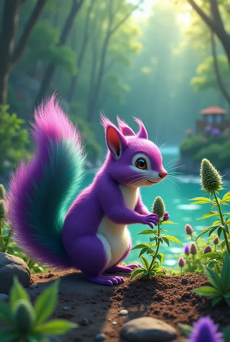 Purple Green Squirrel Planting Cannabis Plants by the River