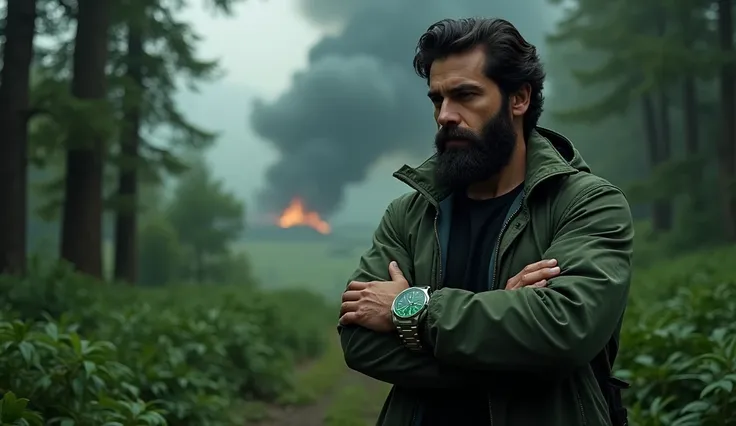 A person with green💚 jacket  inner black tshirt wearing a 25 years man dark beard seeing his right hand wearing green mechanical big watch in black forest behind fire stone arriving from sky complete diasater