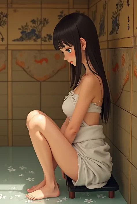 A Thai girl is wearing a tube top with a towel, sitting on a low chair with her knees bent and one leg stretched forward in an onsen room. The walls of the onsen room are in the style of ancient Japanese art.