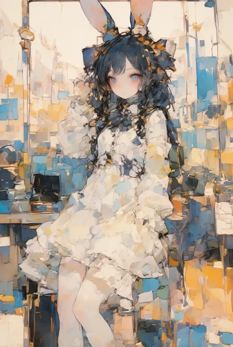 faded watercolor picture of  a girl(black hair,very long hair,bangs,blue eye,big eye,beautiful shiny eye,skin color white,big hairbow,white frilled dress,breast,full body),background(in the train), desaturate, intricate sketch, black skin, 