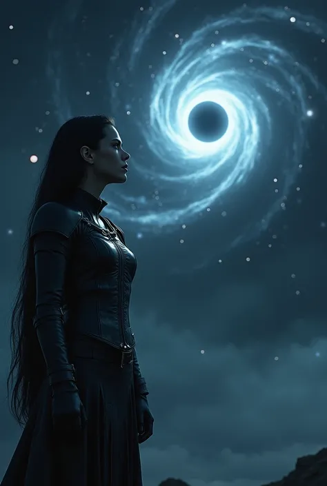 night, pale black haired woman wearing leather armor, looking at bright active black hole in the night sky