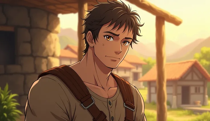 A middle-aged anime male character, around 40 years old, with a slightly rugged but not overly muscular build. He has short, dark brown hair with hints of gray at the temples, and warm, deep brown eyes that reflect wisdom, care, and a quiet strength. His f...