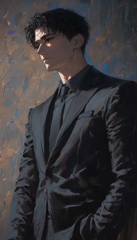 impasto, short hair, masterpiece, best quality, 1 man , black hair , perfect face , black eye , handsome male , Alone, adult male , upper body , delicate line drawing, Extremely detailed, a mans suit, (contemplative expression, relaxed pose, dynamic angle)