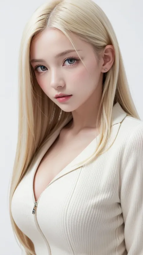 (((forehead、White Blonde Hair、Northern Europe、White people、beautiful girl、Blonde、White background、open jacket、lender )))、table top, highest quality, figure, super detailed, finely, High resolution, 8k wallpaper, Perfect dynamic composition, detailed and be...