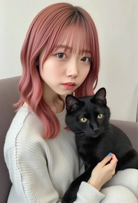  by Sam {x} Girl with a Cat,  Black Cat, Pink hair Blue eyes, Avatar