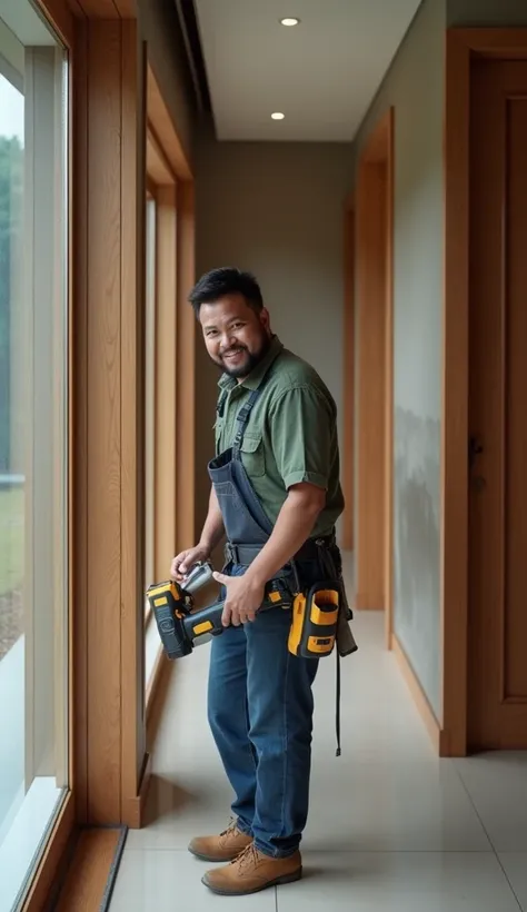 An Indonesian carpenter working inside a luxurious modern house, installing premium doors and windows. The worker is actively using professional tools, such as a precision drill or measuring tape, ensuring a perfect fit for high-end wooden or glass frames....