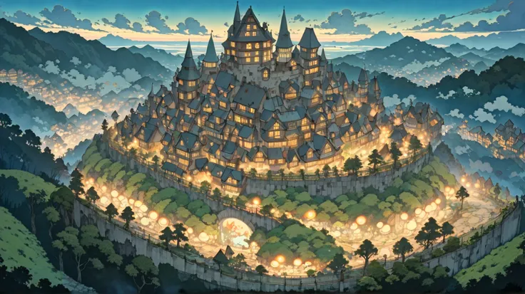 (masterpiece, ultra-detailed, top quality), (cartoon-like illustrations reminiscent of Hayao Miyazaki, Japanese 2D animation, shadows:1.3), distant night view from above, (huge peach moons:1.5), (huge medieval European castle town:1.3).