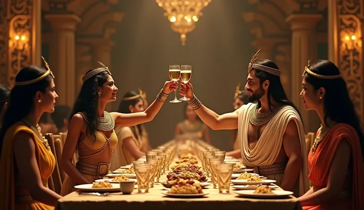 Create an image of Cleopatra and her younger brother, Ptolemy XIII, in an opulent dining room, sharing a moment of celebration. Both are elegantly dressed in royal Egyptian attire, with Cleopatra wearing a regal gown and golden jewelry, and Ptolemy XIII in...