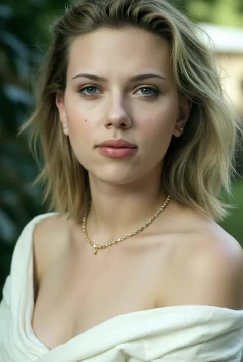 (medium full shot), beautiful girl  wearing white bohemian dress, necklace, dslr, soft lighting, high quality, film grain, light reflections, blood vessels, pale skin, skin pores,blood vessels in sclera, detailed skin, beauty spots, skin fuzz, 