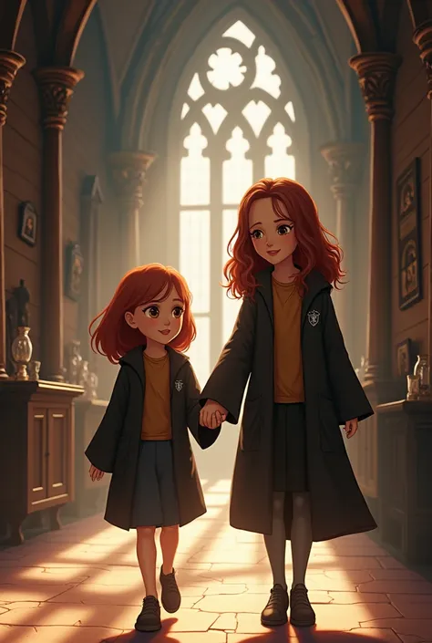  I want Emma Watson in her character of Hermione Granger , in the corridors of Hogwarts holding the hand of a shorter, red-haired girl with a smile 