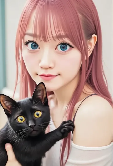  by Sam {x} Girl with a Cat,  Black Cat, Pink hair Blue eyes, Avatar