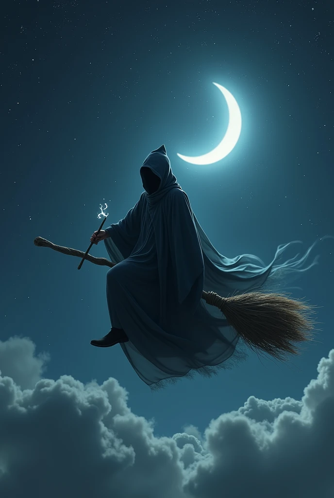 vizard is on the magic broom and flying in the night sky