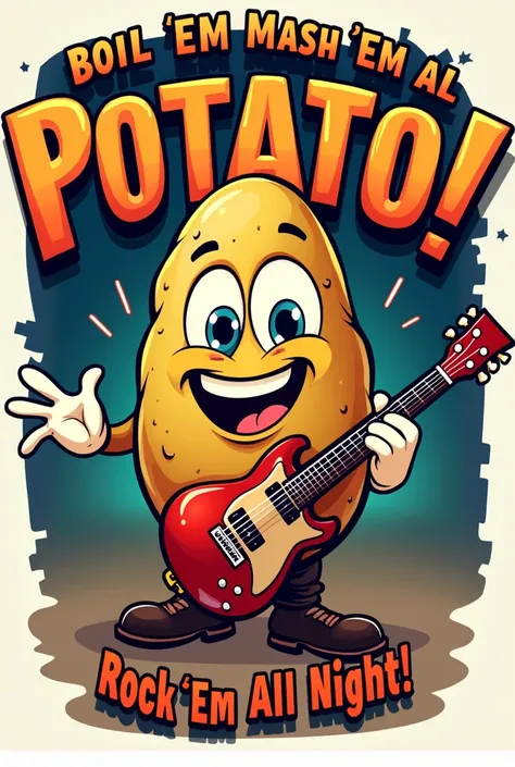 Im in need of a design featuring a humorous potato character with the slogan "Boil Em, Mash Em, Rock Em All Night!" The design should be bold and outrageous, catering to the playful and lively spirit of my business title Rock N Potato.

Key Requirements:
-...