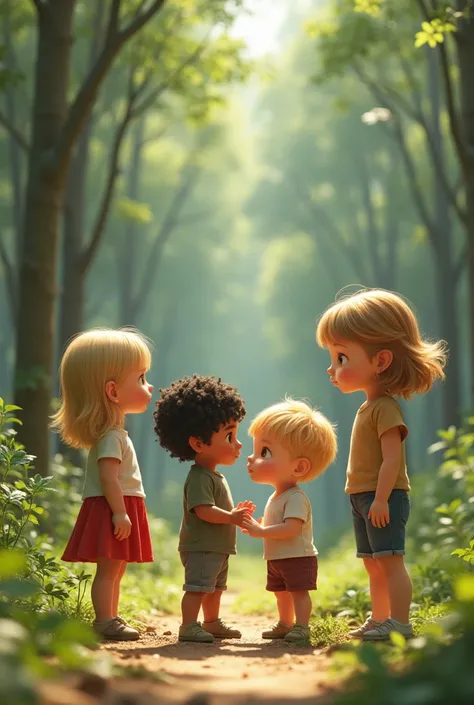 (photorealism:1.2),  forest with little vegetation , two girls ,  one with blond and straight hair and the other with wavy satin hair ,  three fat and satin unnul boys one blond and one with curly black hair who wears a hat.  Light forest and ren speak , a...