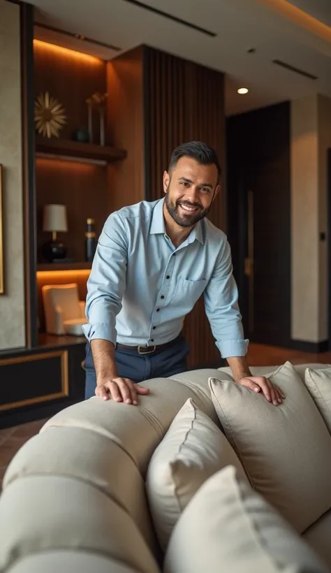 An Indonesian interior expert working inside a luxurious home, arranging high-end custom furniture and decor pieces. The expert is actively positioning a bespoke sofa or installing a premium-designed shelf, surrounded by other exclusive furniture. The eleg...