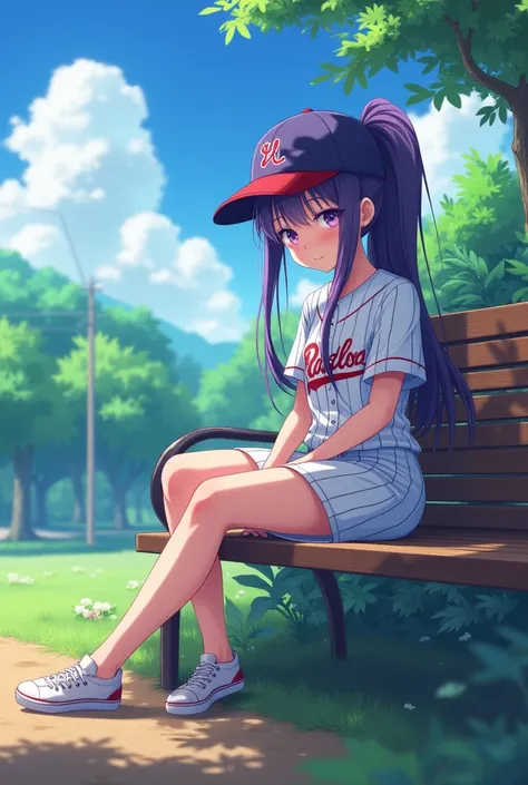 Japanese animation style、High school girl、Baseball uniform 、 Baseball Cap 、Rest area、Dark Purple Long Hair、single ponytail、 purple pupils