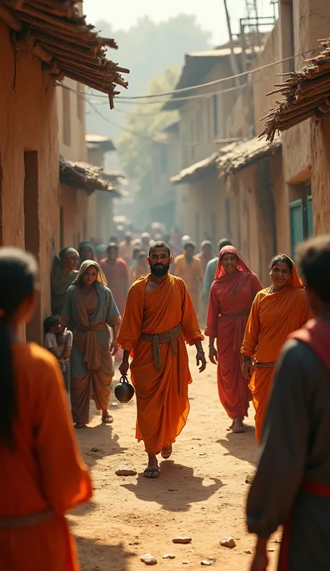 A Very Clear 4K Ultra HD Dynamic Image Of "The disciple walks through narrow alleys, holding the pot, asking villagers for fire. Villagers, dressed in traditional Indian attire, look puzzled and shake their heads. The surroundings are simple, with mud hous...