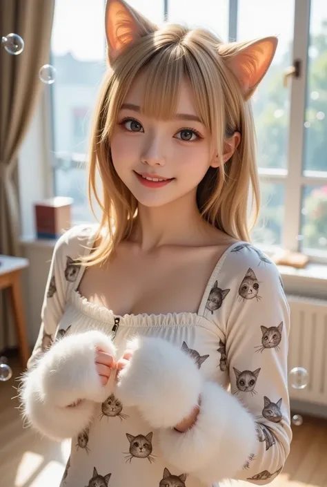  cute, personified female cat 、 I can see the whole body 、The cat is wearing a cat-patterned dress  、  The cat is posing with big fluffy gloves、In a bright room、There are lots of soap bubbles in the background 、 long hair on background