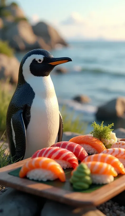 1. Left Side:
A highly detailed 3D rendering of a realistic penguin. Its design features intricate textures with smooth, shiny black feathers, a white belly, and subtle gray accents. The penguin should have a lifelike appearance, with water droplets on its...