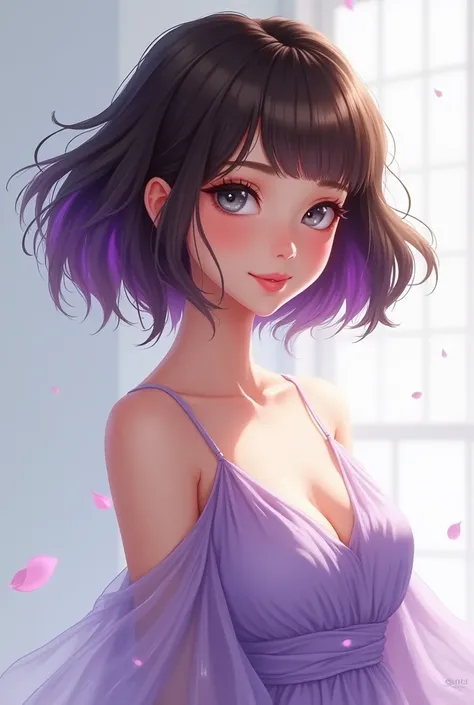  there is a woman wearing a lilac dress , beautiful animated portrait,  Artwork in the style of Guweiz ,  with short brown hair and purple highlights and gray eyes,  superb portrait de visage ;animated, guweiz,   detailed portrait of an animated girl ,  ar...