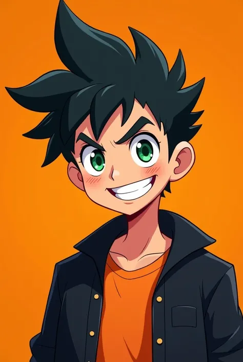 "A vibrant cartoon-style avatar of a male character with spiky black hair, green eyes, and a mischievous grin, wearing a black jacket over an orange shirt. The background is solid orange, emphasizing the characters features. The artwork should be in a clea...