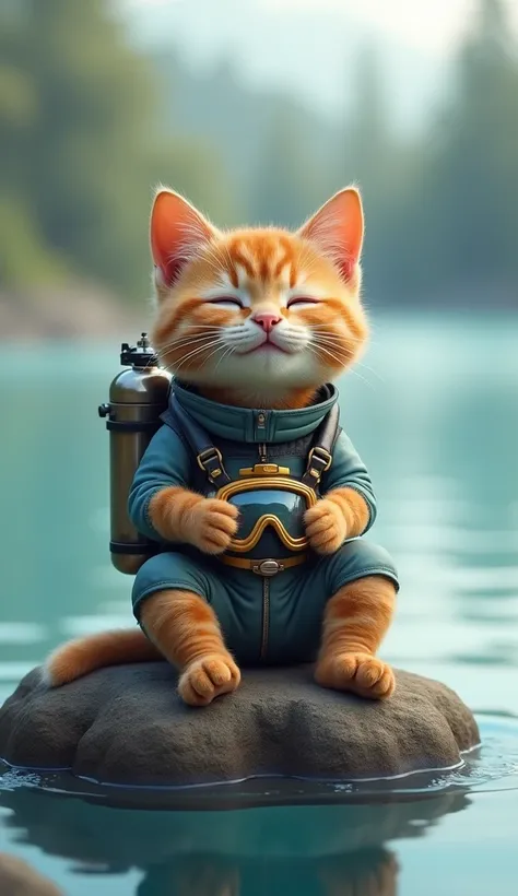 A cute cat, Sitting on a rock, facing forward. The rock is in the middle of the lake, Then, your feet touch the surface of the water. A serene smile lights up your face, conveying a sense of joy and inner peace. Her outfit consists of a divers costume comp...