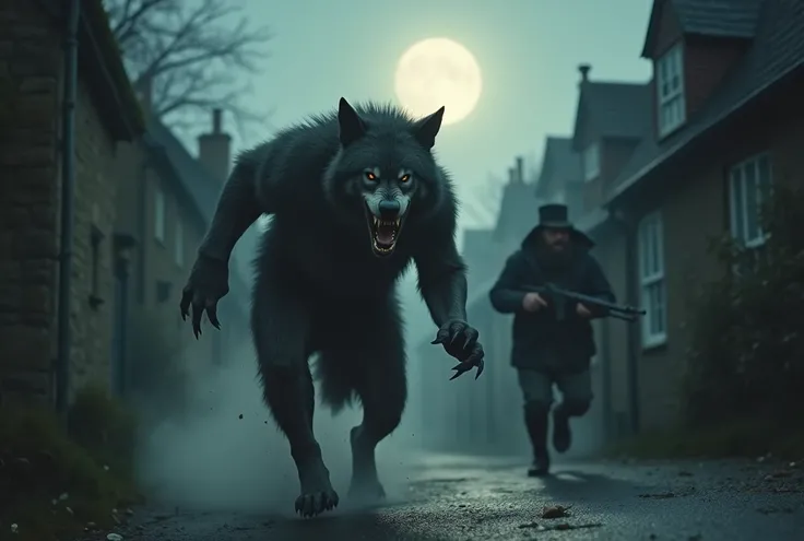 Realistic, theme is "werewolf", "werewolf" fleeing through a rural village in England, village men chase the werewolf with retro guns, pale moonlight illuminates the werewolf, the werewolf bares his fangs and looks angry, heartbreaking scene that makes you...