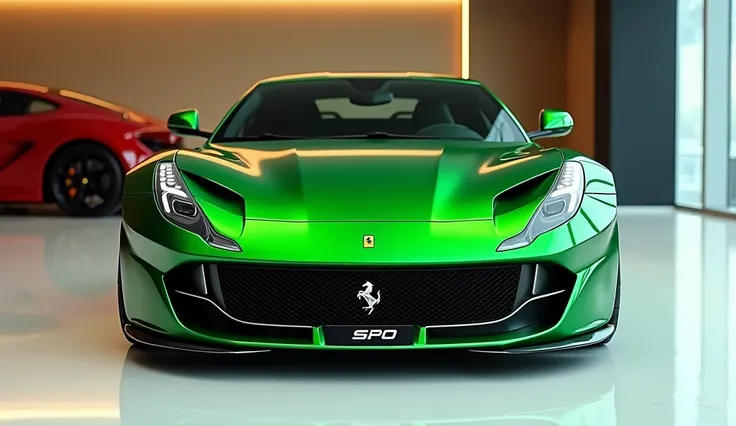  Front view of painted green with shiny clour 2025 ferrari 812 gts sleek in large shape sedan in large size with gts logo on its large detailed grille in shiny green clour with angular sporty design captured from close Front view with modified sleek Front ...