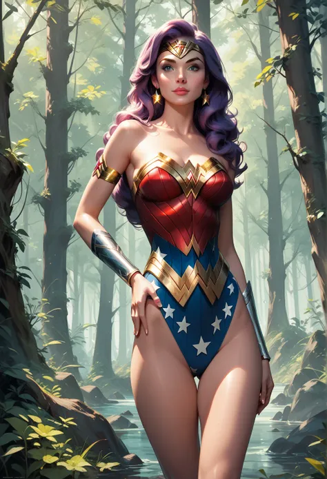 1 girl, Alone, (Disney Princess Belle:1.3), exhausting (wonder woman costume:1.2), (three quarter shot:1.1), in forest, cinematic lighting. leotard, bare legs,