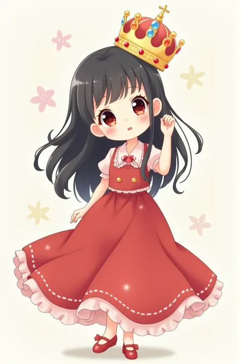 Draw a cute little anime girl with a long red skirt, black hair, Using a crown, and no background 