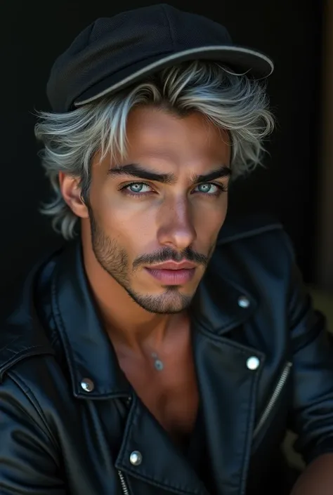 Handsome young homme wearing a leather jacket, portant une casquette, avec des cheveux argentés, tenant une glace, cheveux argentés en désordre,  beau, (8K, photo RAW, photo réaliste:1.25) ,( brillant à lèvres, cils, homme, gloss-face, Glossy Skin, peau fo...