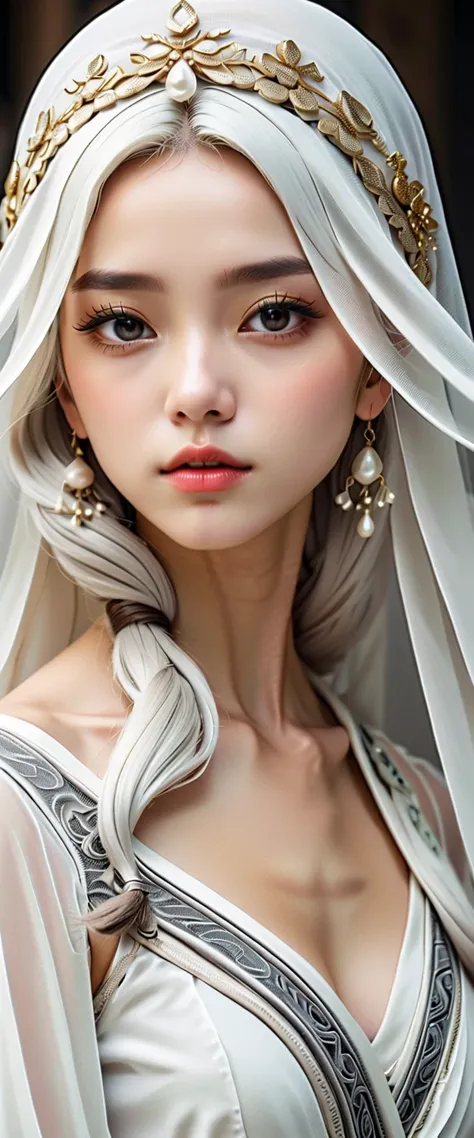  veil on head , Grey Veil, White hair, off white, Gouvez art style, Arrogant and indifferent girl, Half-closed eyes, White eyes球, White eyes, Ethnic style, off white